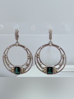 Judith Ripka Silver Open Circle Earrings with Dark Green Stones